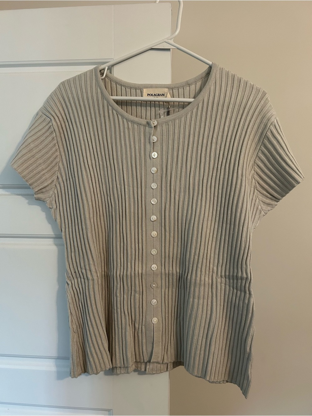 Polagram Ribbed Button-Front Short Sleeve Top in Light Beige